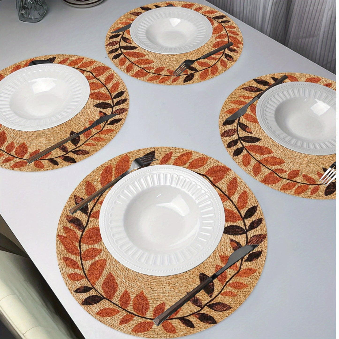 4-Pack Autumn Leaves Round Placemats - Polyester Knit Fabric Table Mats, Non-Slip, Hand Washable, Heat Resistant 15" for Dining, Kitchen Decor, Thanksgiving Party