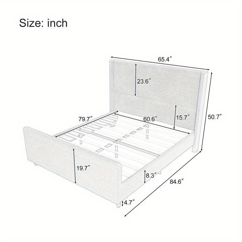 50.7'' High Headboard Corduroy Bed Frame with Vertical Stripe Wingback and High Footboard No Box Spring Needed, Queen Size, Taupe