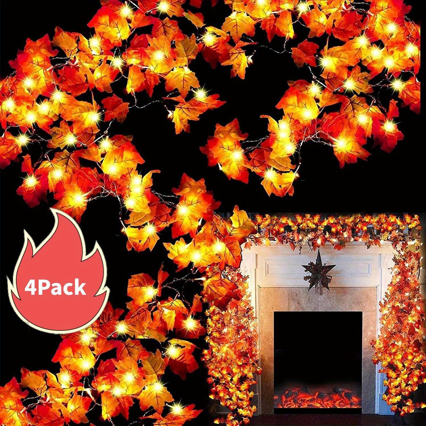 4 Pieces Maple Leaf String Lights, Total Length 40 Feet 80 LED Lighted Decorations, Thanksgiving Indoor Fall Harvest Decorations, Fall Decorations For Home Mantels And Stairs, Batteries Not Included