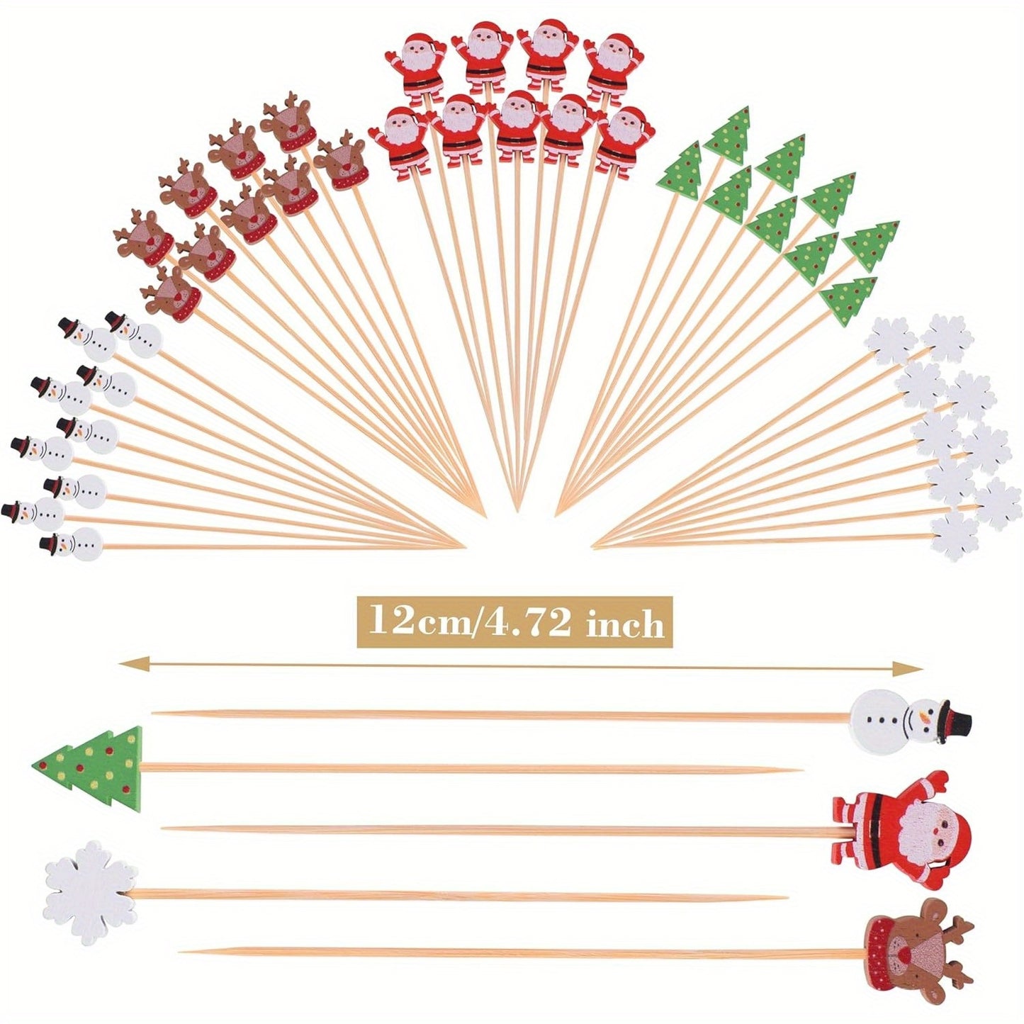 100 Pack Christmas Themed Bamboo Toothpicks, 4.7 Inch Natural Wooden Cocktail Sticks for Appetizers, Cake Dessert, Fruit, Party Decorations, Kitchen & Bar Accessories