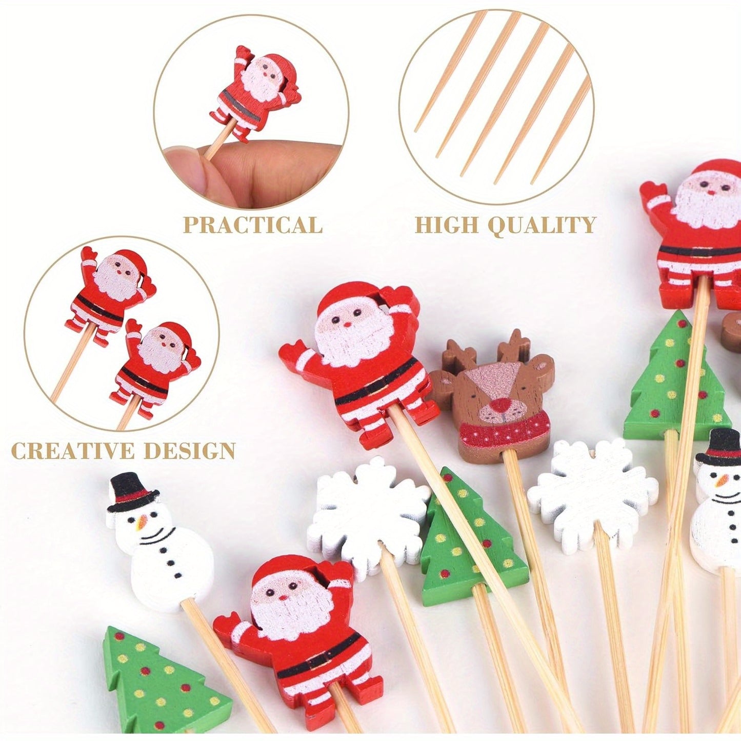 100 Pack Christmas Themed Bamboo Toothpicks, 4.7 Inch Natural Wooden Cocktail Sticks for Appetizers, Cake Dessert, Fruit, Party Decorations, Kitchen & Bar Accessories