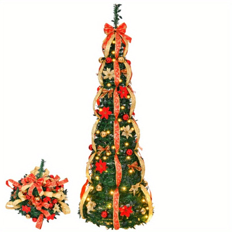 150 Warm Lights 6 FT Pre-lit Pop Up Artificial Christmas Tree, Fully Decorated with Red & Golden Ornaments, Battery Operated for Home Office Store Holiday Deco