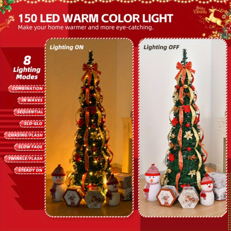 150 Warm Lights 6 FT Pre-lit Pop Up Artificial Christmas Tree, Fully Decorated with Red & Golden Ornaments, Battery Operated for Home Office Store Holiday Deco