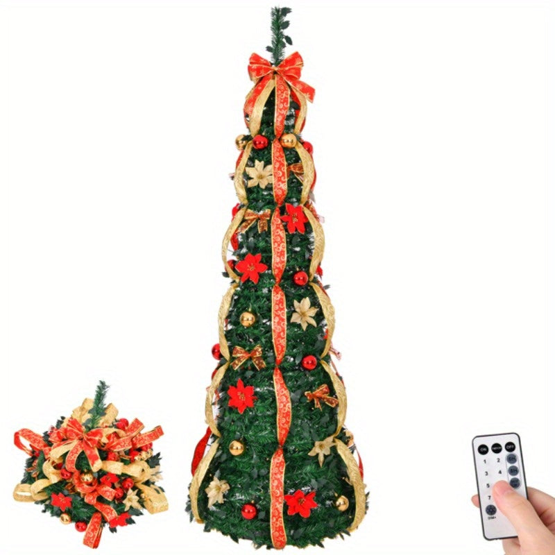 150 Warm Lights 6 FT Pre-lit Pop Up Artificial Christmas Tree, Fully Decorated with Red & Golden Ornaments, Battery Operated for Home Office Store Holiday Deco