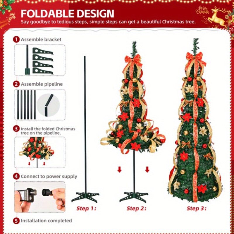 150 Warm Lights 6 FT Pre-lit Pop Up Artificial Christmas Tree, Fully Decorated with Red & Golden Ornaments, Battery Operated for Home Office Store Holiday Deco