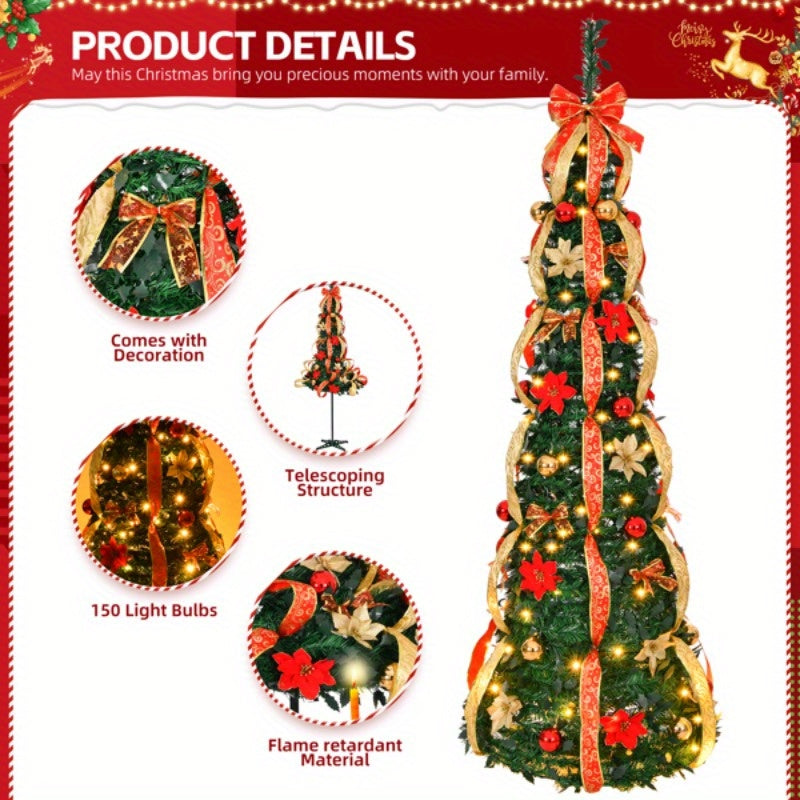 150 Warm Lights 6 FT Pre-lit Pop Up Artificial Christmas Tree, Fully Decorated with Red & Golden Ornaments, Battery Operated for Home Office Store Holiday Deco