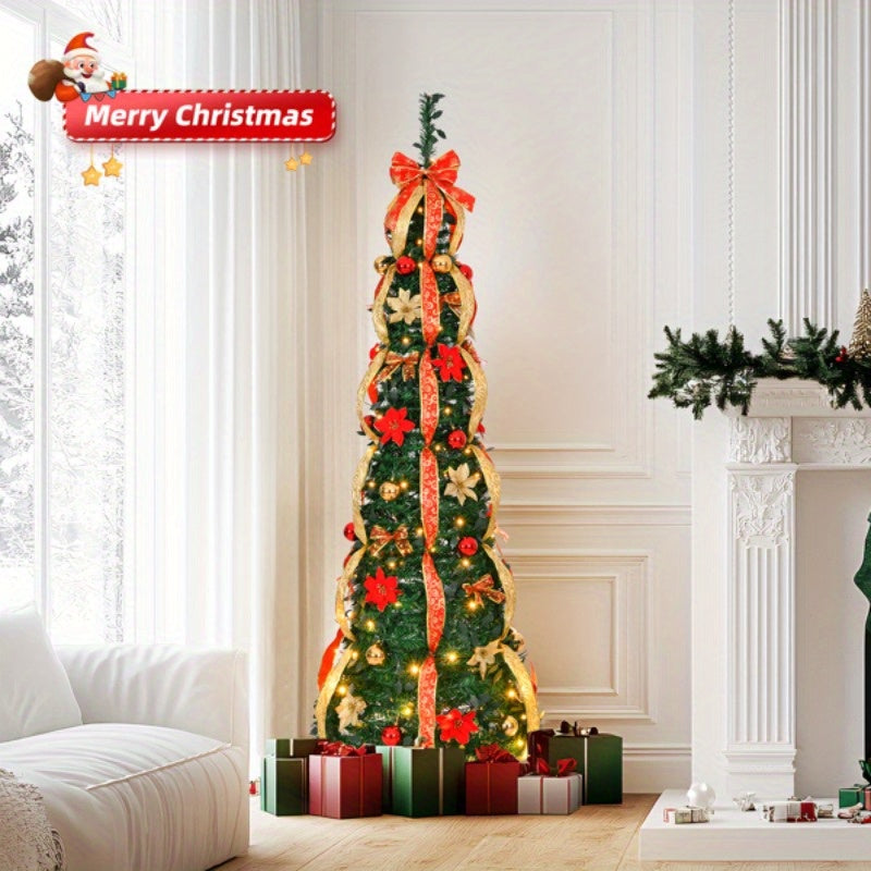 150 Warm Lights 6 FT Pre-lit Pop Up Artificial Christmas Tree, Fully Decorated with Red & Golden Ornaments, Battery Operated for Home Office Store Holiday Deco