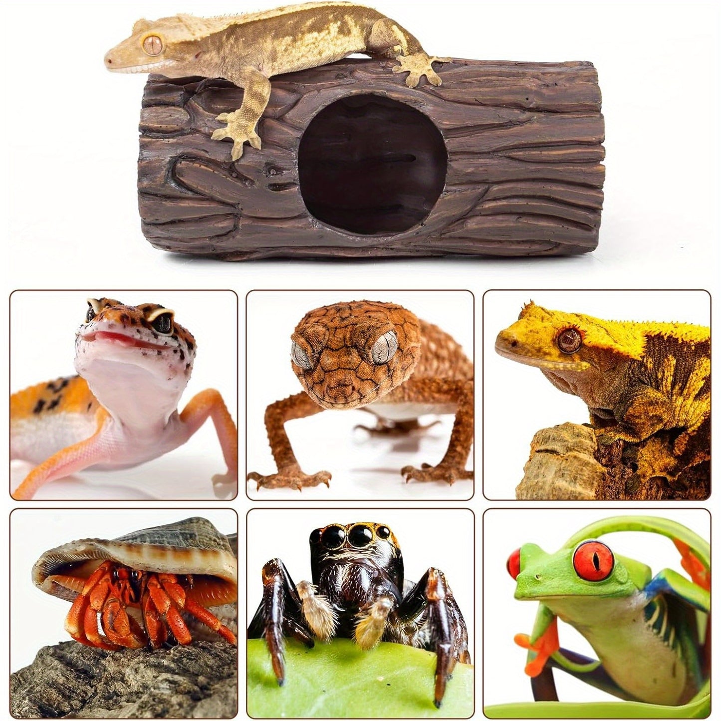 Reptile Hideout, Resin Hollow Log Hideout with 2pcs Powerful Suction Cup, Reptile Tank Accessories Climbing Toys Terrarium Hideaway Caves Decor for Gecko, Lizard, Snakes, Hermit Crabs, Forgs