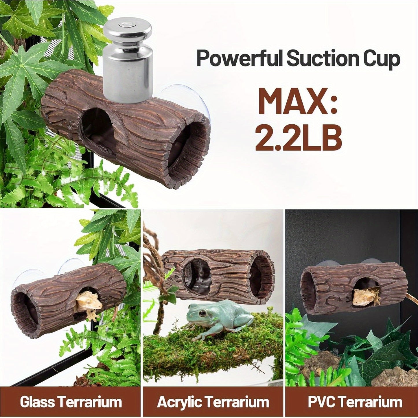 Reptile Hideout, Resin Hollow Log Hideout with 2pcs Powerful Suction Cup, Reptile Tank Accessories Climbing Toys Terrarium Hideaway Caves Decor for Gecko, Lizard, Snakes, Hermit Crabs, Forgs