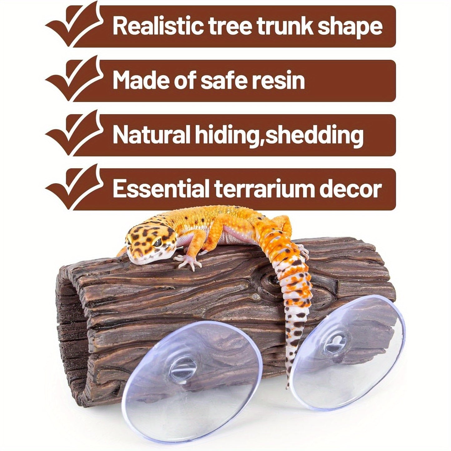 Reptile Hideout, Resin Hollow Log Hideout with 2pcs Powerful Suction Cup, Reptile Tank Accessories Climbing Toys Terrarium Hideaway Caves Decor for Gecko, Lizard, Snakes, Hermit Crabs, Forgs