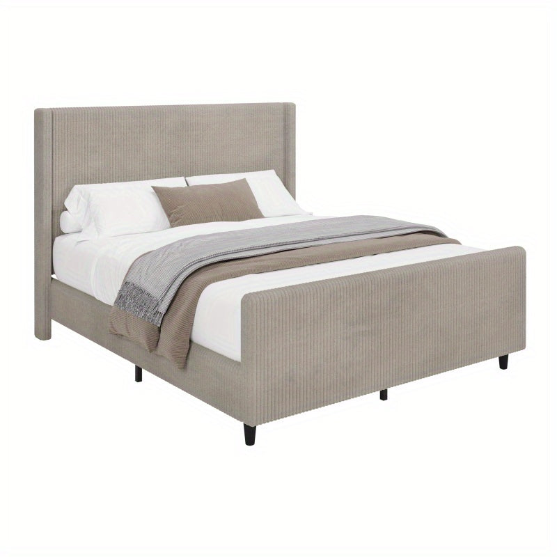 50.7'' High Headboard Corduroy Bed Frame with Vertical Stripe Wingback and High Footboard No Box Spring Needed, Queen Size, Taupe