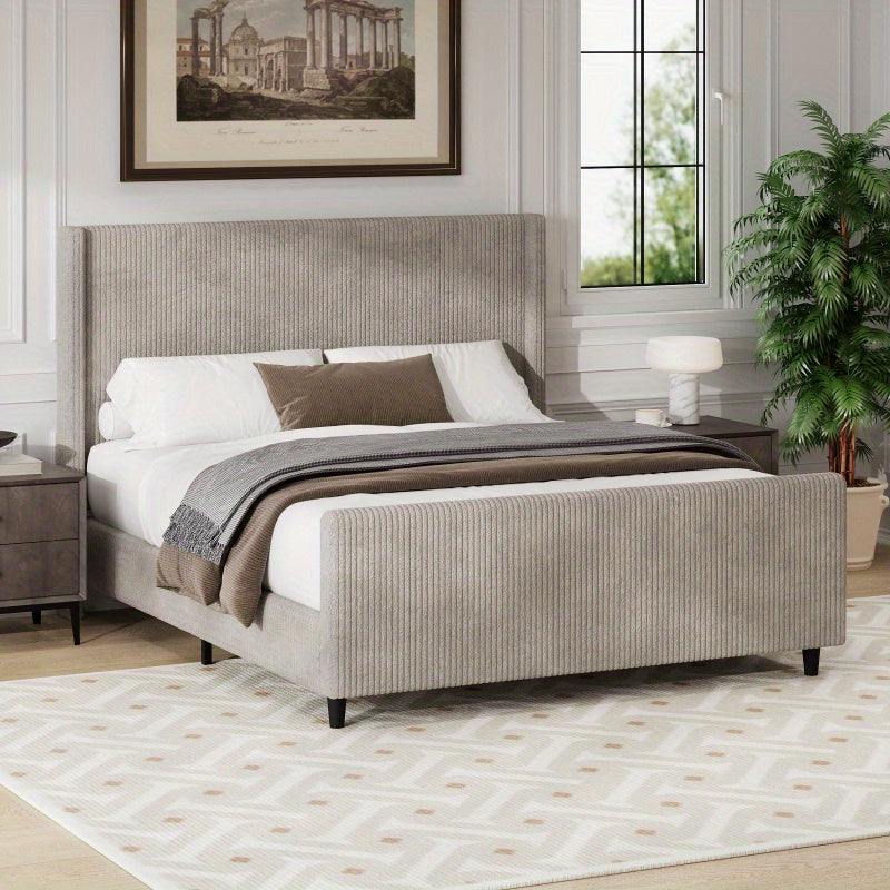 50.7'' High Headboard Corduroy Bed Frame with Vertical Stripe Wingback and High Footboard No Box Spring Needed, Queen Size, Taupe