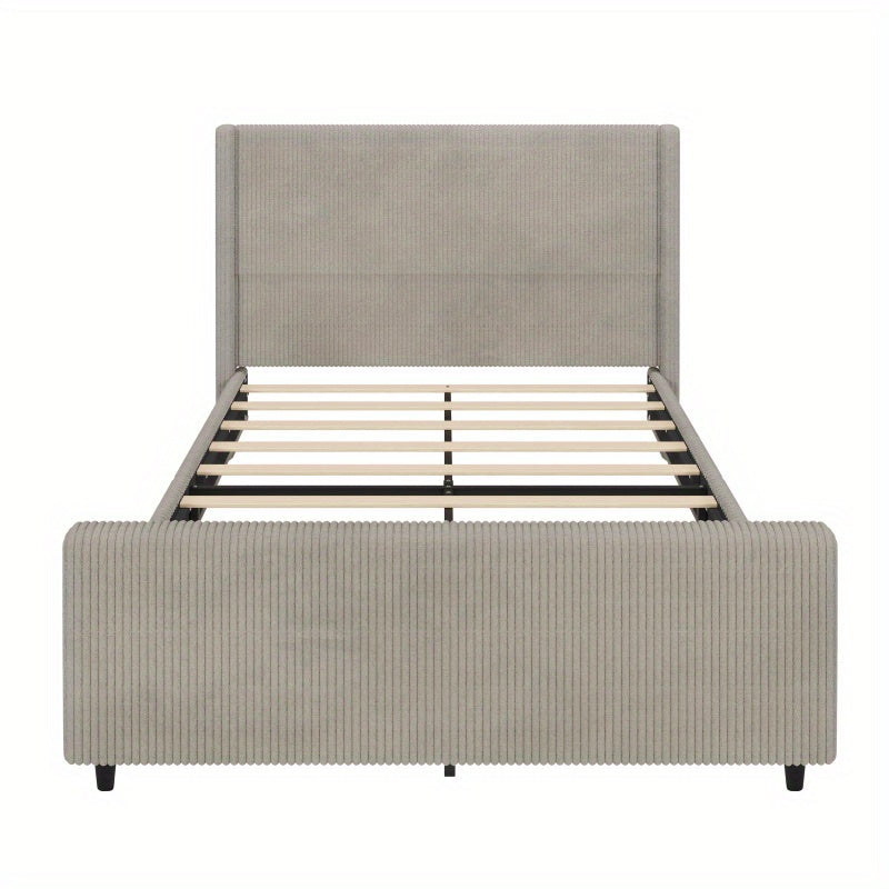 50.7'' High Headboard Corduroy Bed Frame with Vertical Stripe Wingback and High Footboard No Box Spring Needed, Queen Size, Taupe