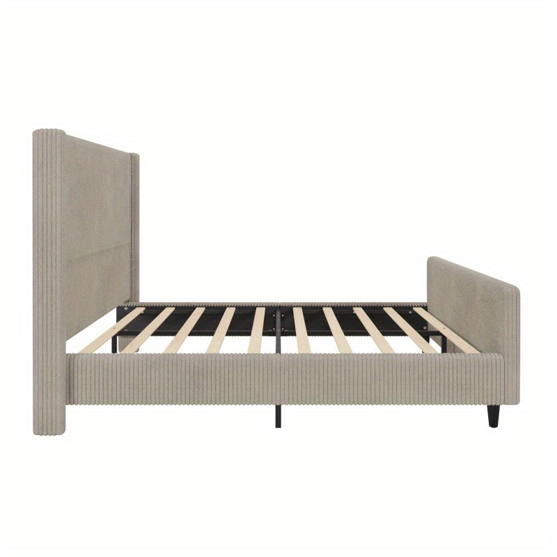 50.7'' High Headboard Corduroy Bed Frame with Vertical Stripe Wingback and High Footboard No Box Spring Needed, Queen Size, Taupe