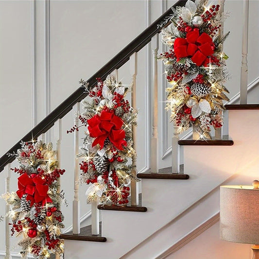 4pcs Christmas Lighted Swags Christmas Wreaths For Front Door, Prelit Xmas Stairway Swag Christmas Decorations, Artificial Winter Garland With Bow, Balls, Stair Railing Wall Window Xmas Decor, Gold, Red, Blue Color