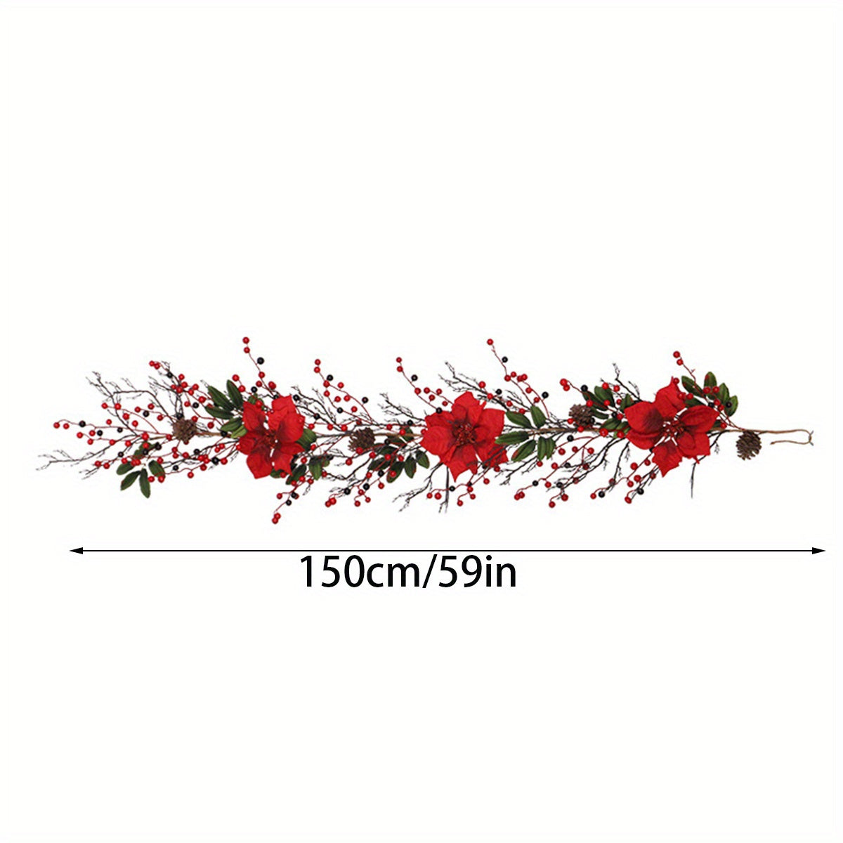 5 Ft Christmas Garland with Light, Artificial Poinsettia Garland with Red Berries and Pine Cone Garland for Winter Christmas Fireplace Holiday Party Decorations