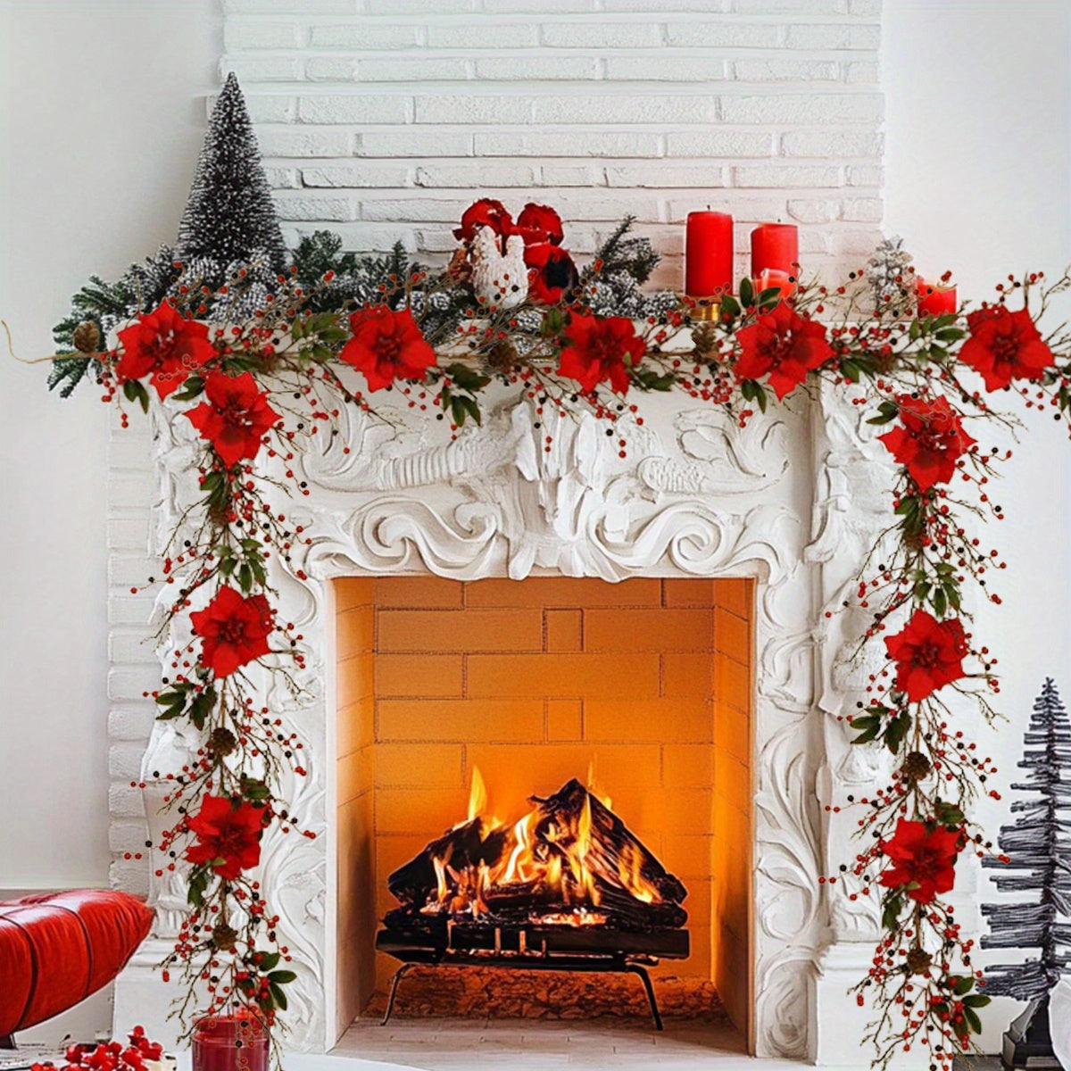 5 Ft Christmas Garland with Light, Artificial Poinsettia Garland with Red Berries and Pine Cone Garland for Winter Christmas Fireplace Holiday Party Decorations