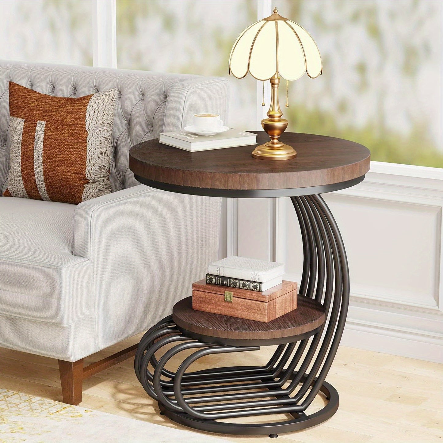 Small Bedside Table Accent Table with Arc-Shaped Frame, Round End Side Table: 2 Tiers Side Table, Vintage End Table for Office, Living Room