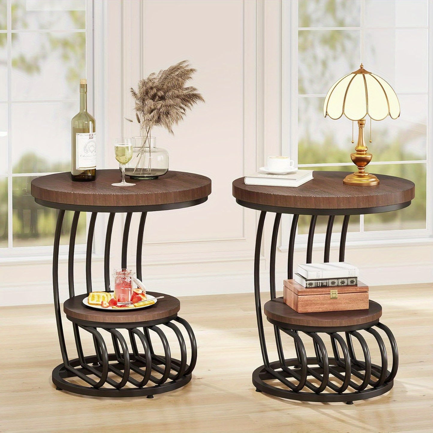 Small Bedside Table Accent Table with Arc-Shaped Frame, Round End Side Table: 2 Tiers Side Table, Vintage End Table for Office, Living Room