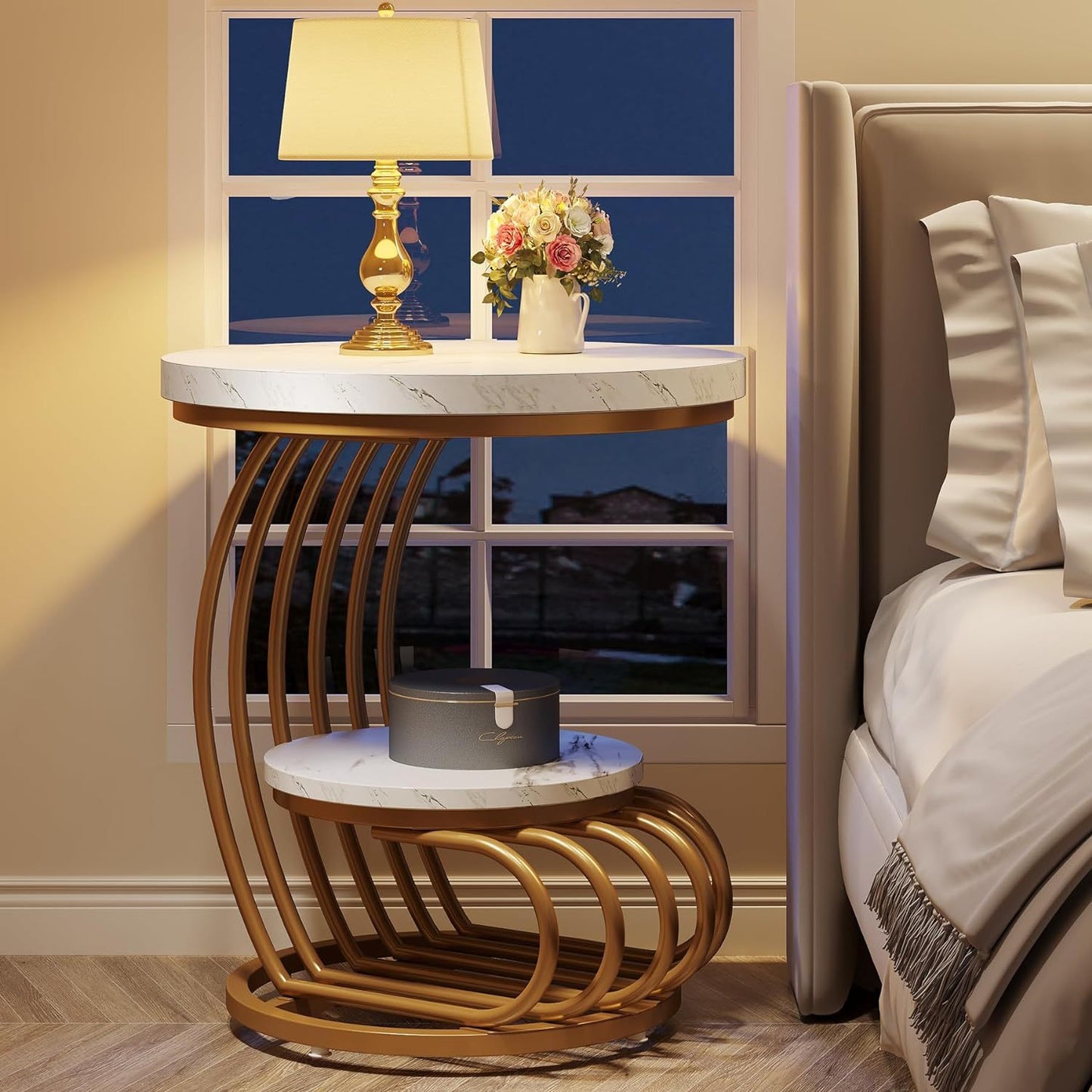 Small Bedside Table Accent Table with Arc-Shaped Frame, Round End Side Table: 2 Tiers Side Table, Vintage End Table for Office, Living Room