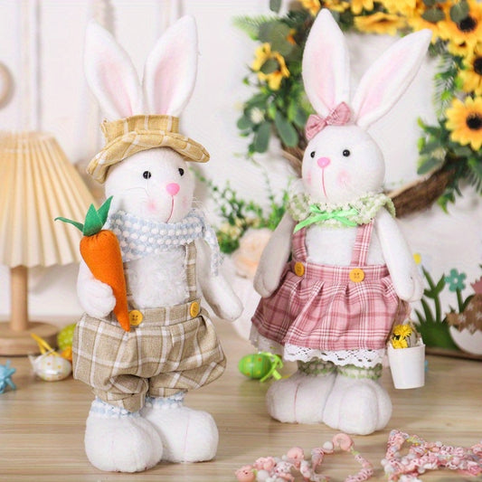 Easter Decor Extendable Legs Bunny Figurines Set with Carrot, Denim Dressed Rabbit Couple, Non-Electric Seasonal Tabletop Accents for Spring and Christmas Holiday Decorations, Featherless Fabric Material