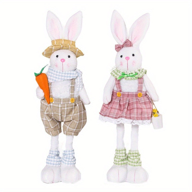 Easter Decor Extendable Legs Bunny Figurines Set with Carrot, Denim Dressed Rabbit Couple, Non-Electric Seasonal Tabletop Accents for Spring and Christmas Holiday Decorations, Featherless Fabric Material