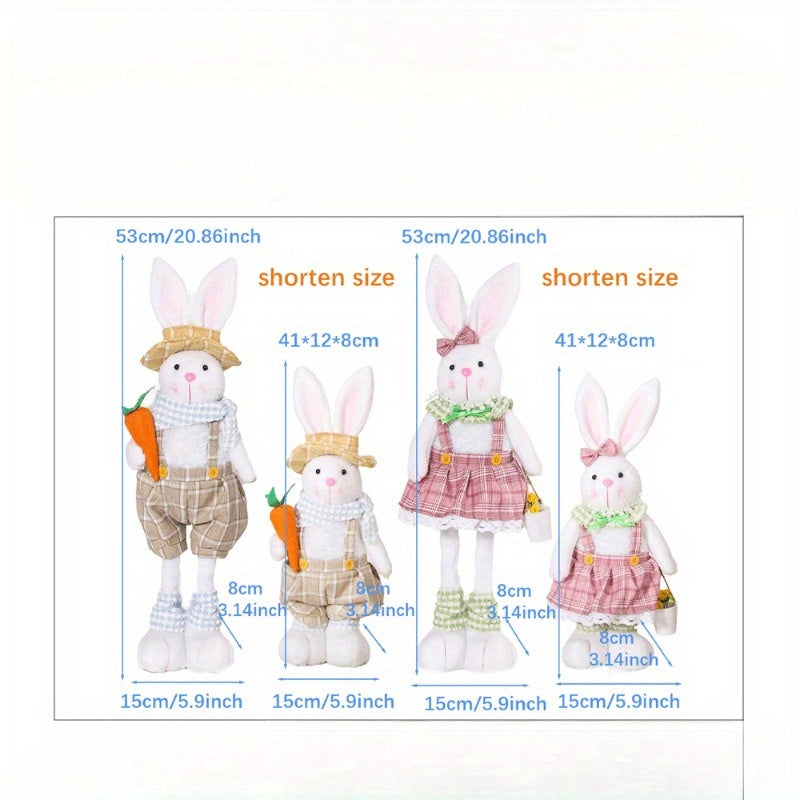 Easter Decor Extendable Legs Bunny Figurines Set with Carrot, Denim Dressed Rabbit Couple, Non-Electric Seasonal Tabletop Accents for Spring and Christmas Holiday Decorations, Featherless Fabric Material