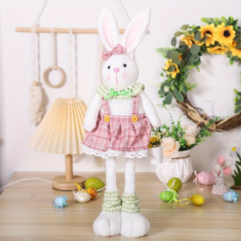 Easter Decor Extendable Legs Bunny Figurines Set with Carrot, Denim Dressed Rabbit Couple, Non-Electric Seasonal Tabletop Accents for Spring and Christmas Holiday Decorations, Featherless Fabric Material