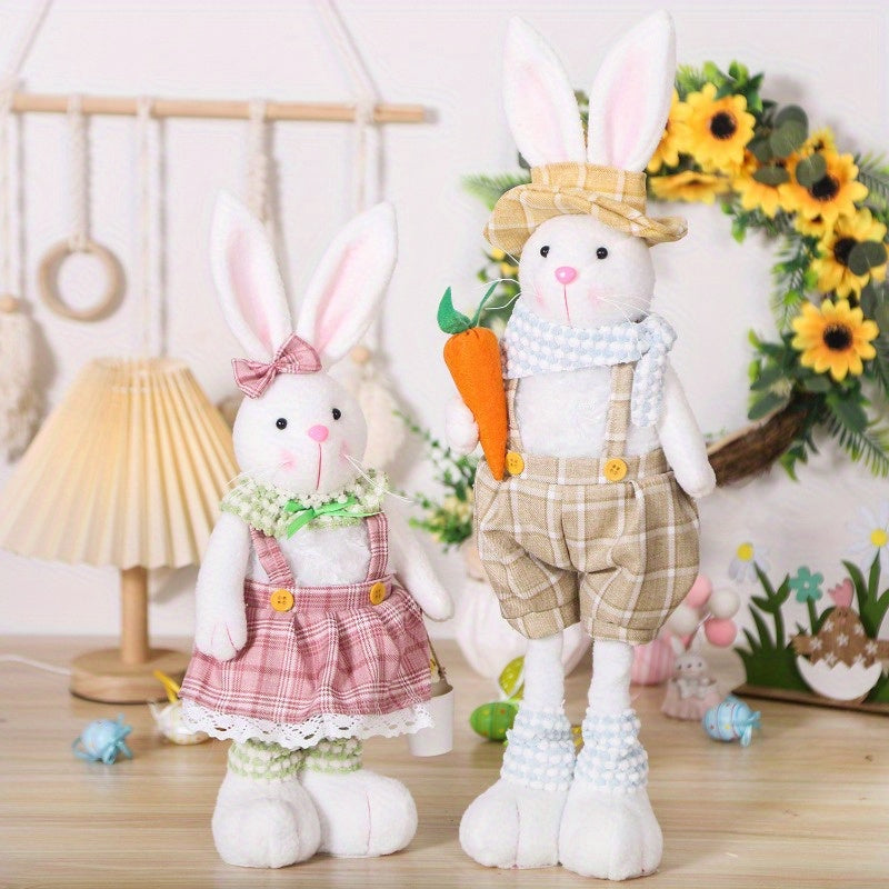 Easter Decor Extendable Legs Bunny Figurines Set with Carrot, Denim Dressed Rabbit Couple, Non-Electric Seasonal Tabletop Accents for Spring and Christmas Holiday Decorations, Featherless Fabric Material