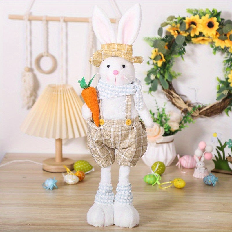 Easter Decor Extendable Legs Bunny Figurines Set with Carrot, Denim Dressed Rabbit Couple, Non-Electric Seasonal Tabletop Accents for Spring and Christmas Holiday Decorations, Featherless Fabric Material