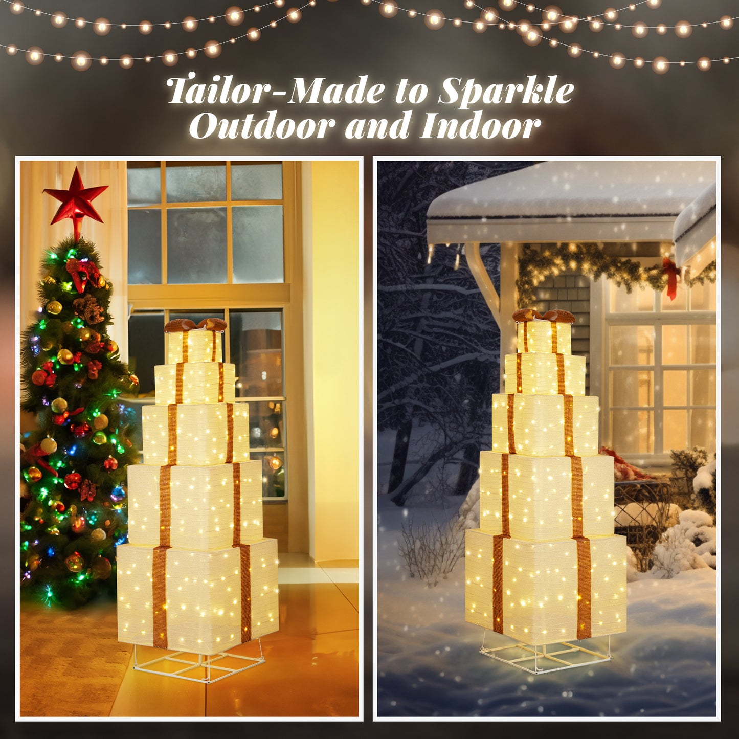 6FT Lighted Gift Boxes Christmas Decorations Gift Boxes Pop-Up Design, Golden