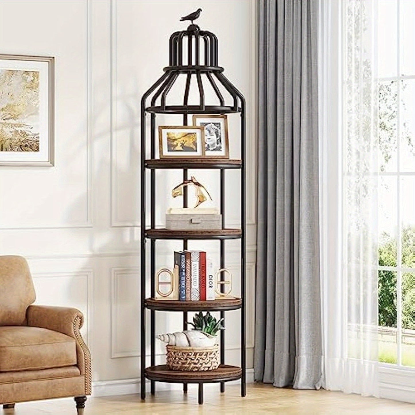 Multi-Tier birdcage-shaped Narrow Tall Display shelf, Rustic Small Bookcase Corner Book Shelf, Freestanding Display Shelves for Living Room, Home Office, Kitchen, Small Space