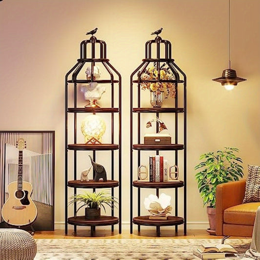 Multi-Tier birdcage-shaped Narrow Tall Display shelf, Rustic Small Bookcase Corner Book Shelf, Freestanding Display Shelves for Living Room, Home Office, Kitchen, Small Space