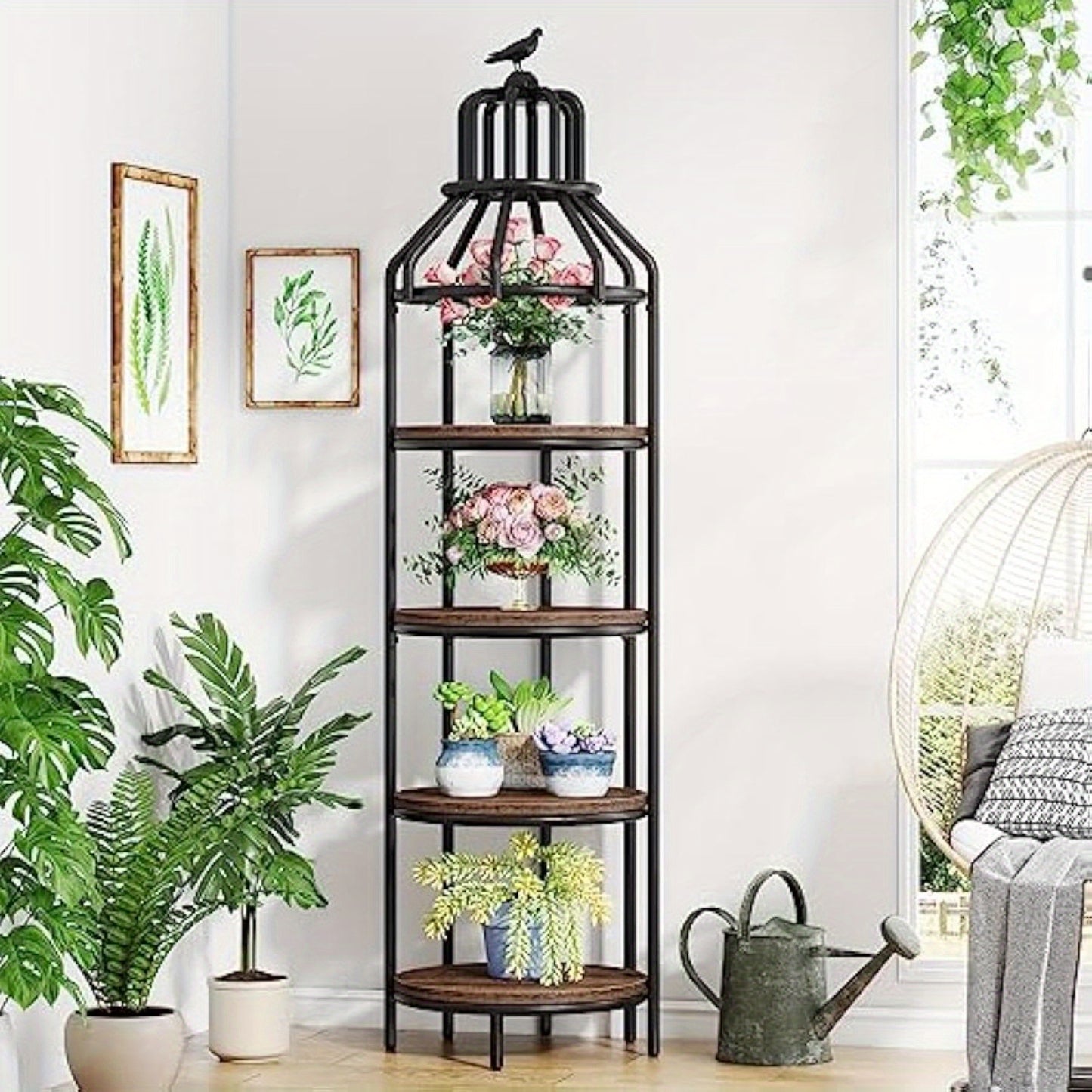 Multi-Tier birdcage-shaped Narrow Tall Display shelf, Rustic Small Bookcase Corner Book Shelf, Freestanding Display Shelves for Living Room, Home Office, Kitchen, Small Space