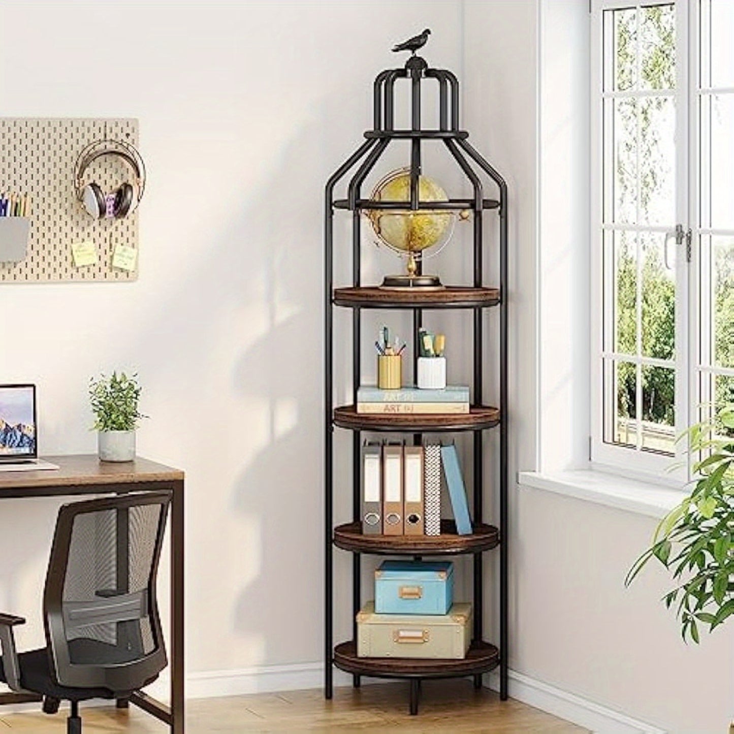 Multi-Tier birdcage-shaped Narrow Tall Display shelf, Rustic Small Bookcase Corner Book Shelf, Freestanding Display Shelves for Living Room, Home Office, Kitchen, Small Space