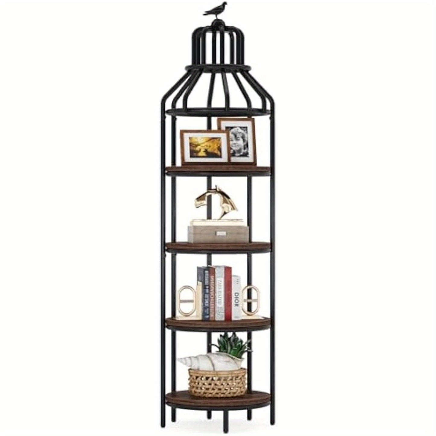 Multi-Tier birdcage-shaped Narrow Tall Display shelf, Rustic Small Bookcase Corner Book Shelf, Freestanding Display Shelves for Living Room, Home Office, Kitchen, Small Space