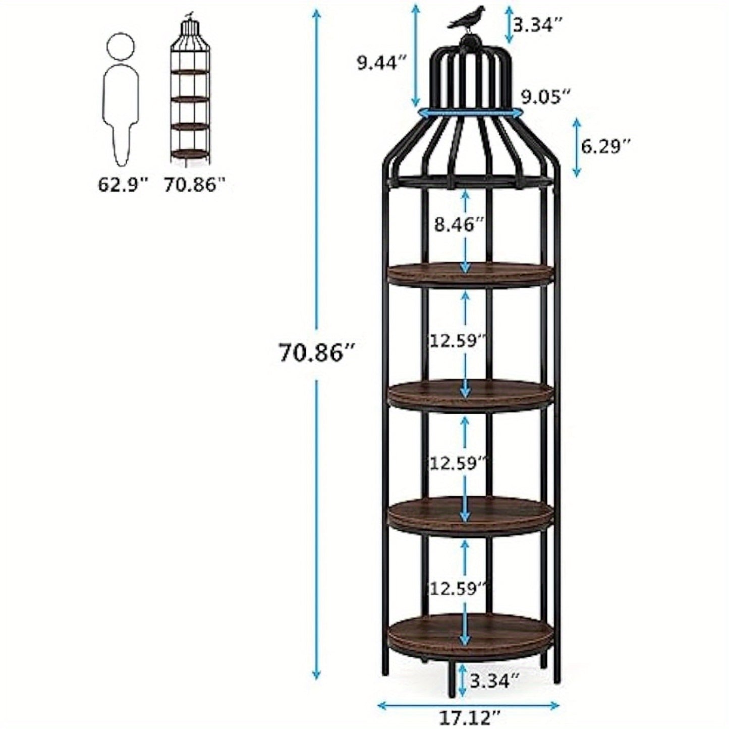 Multi-Tier birdcage-shaped Narrow Tall Display shelf, Rustic Small Bookcase Corner Book Shelf, Freestanding Display Shelves for Living Room, Home Office, Kitchen, Small Space