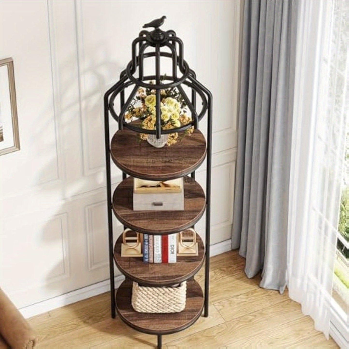 Multi-Tier birdcage-shaped Narrow Tall Display shelf, Rustic Small Bookcase Corner Book Shelf, Freestanding Display Shelves for Living Room, Home Office, Kitchen, Small Space