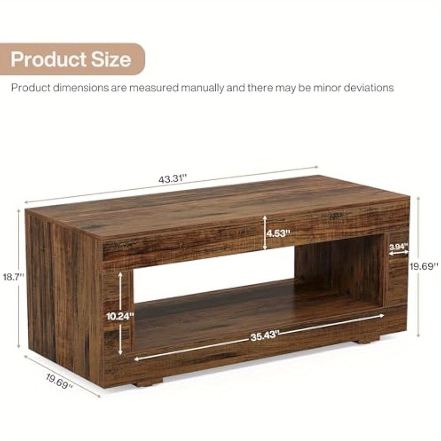 43.3" Modern Farmhouse Coffee Table with Storage, Coffee Table for Living Room, 2-Tier Wood Rectangular Center Table Cocktail Living Room Table with Sturdy Base, Rustic Brown