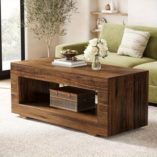 43.3" Modern Farmhouse Coffee Table with Storage, Coffee Table for Living Room, 2-Tier Wood Rectangular Center Table Cocktail Living Room Table with Sturdy Base, Rustic Brown