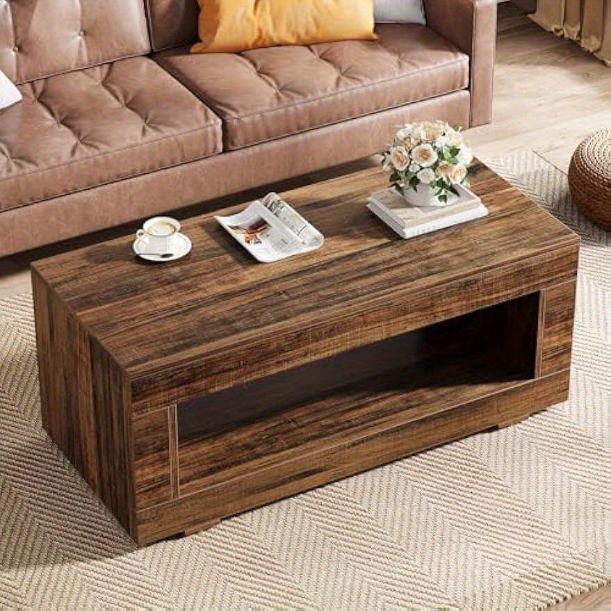 43.3" Modern Farmhouse Coffee Table with Storage, Coffee Table for Living Room, 2-Tier Wood Rectangular Center Table Cocktail Living Room Table with Sturdy Base, Rustic Brown