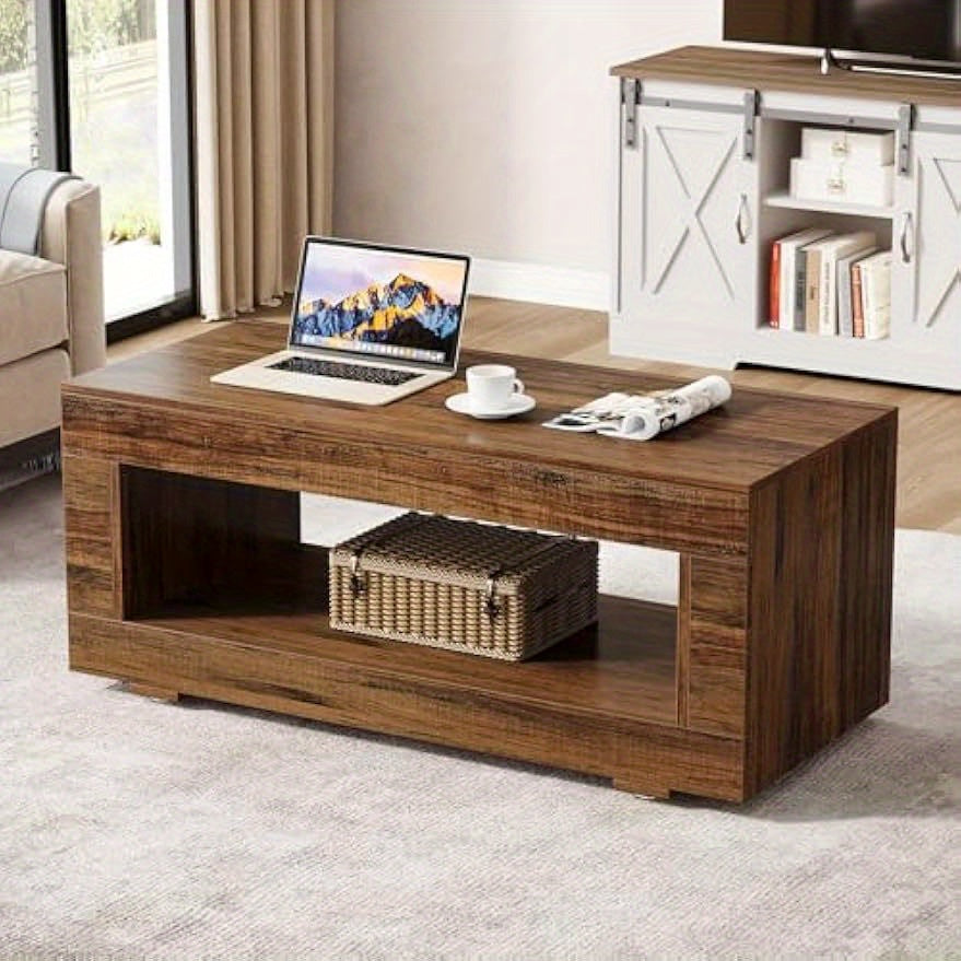 43.3" Modern Farmhouse Coffee Table with Storage, Coffee Table for Living Room, 2-Tier Wood Rectangular Center Table Cocktail Living Room Table with Sturdy Base, Rustic Brown