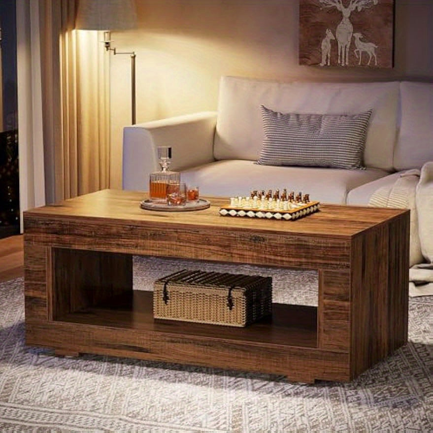 43.3" Modern Farmhouse Coffee Table with Storage, Coffee Table for Living Room, 2-Tier Wood Rectangular Center Table Cocktail Living Room Table with Sturdy Base, Rustic Brown