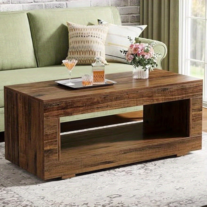 43.3" Modern Farmhouse Coffee Table with Storage, Coffee Table for Living Room, 2-Tier Wood Rectangular Center Table Cocktail Living Room Table with Sturdy Base, Rustic Brown