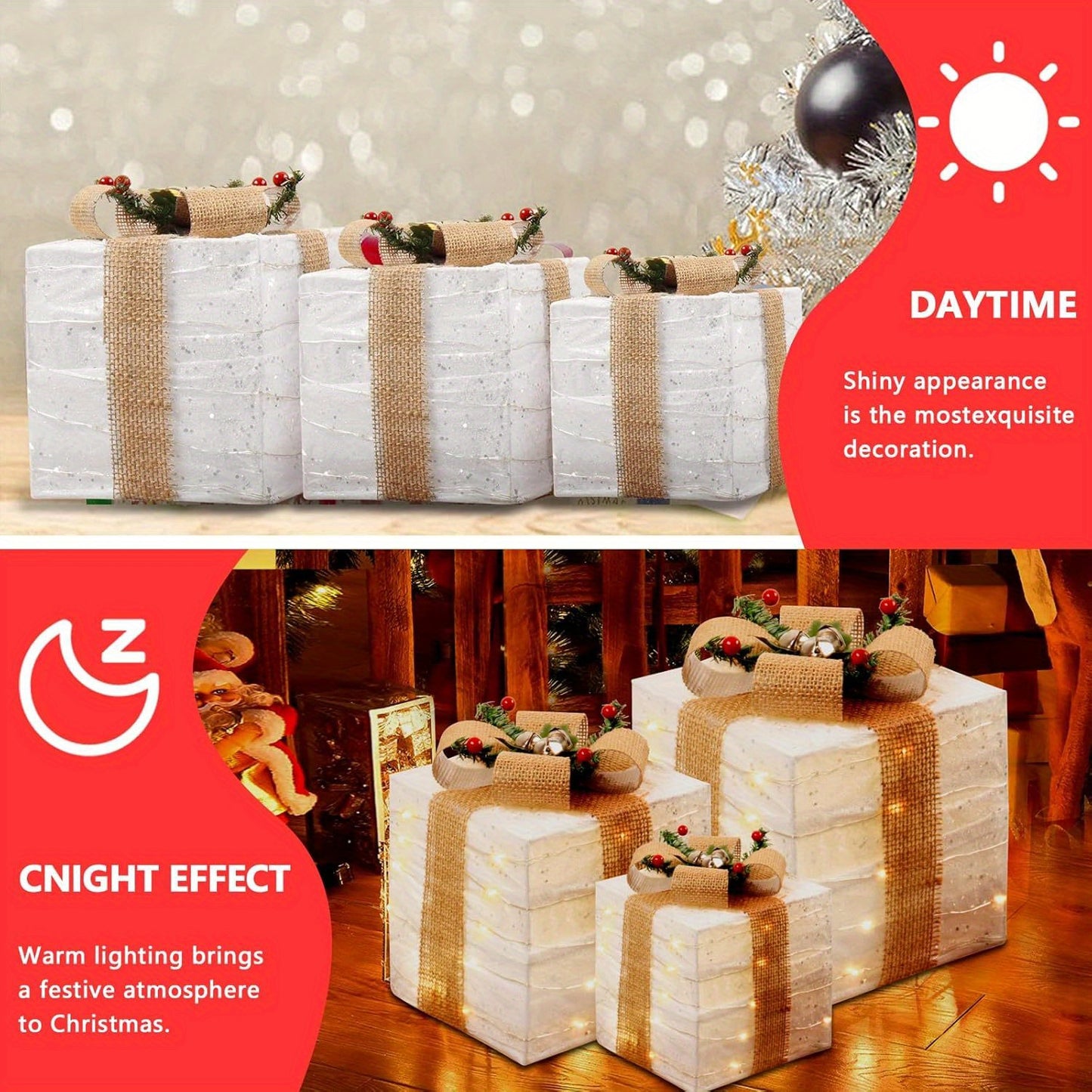 3 Pcs Christmas Lighted Gift Boxes, Lighted Boxes with 70 LED Warm Lights, Prelit Present Decorations Clear Xmas Tree Ornaments, Outdoor Indoor Holiday Party Home Wedding Yard Décor (White)