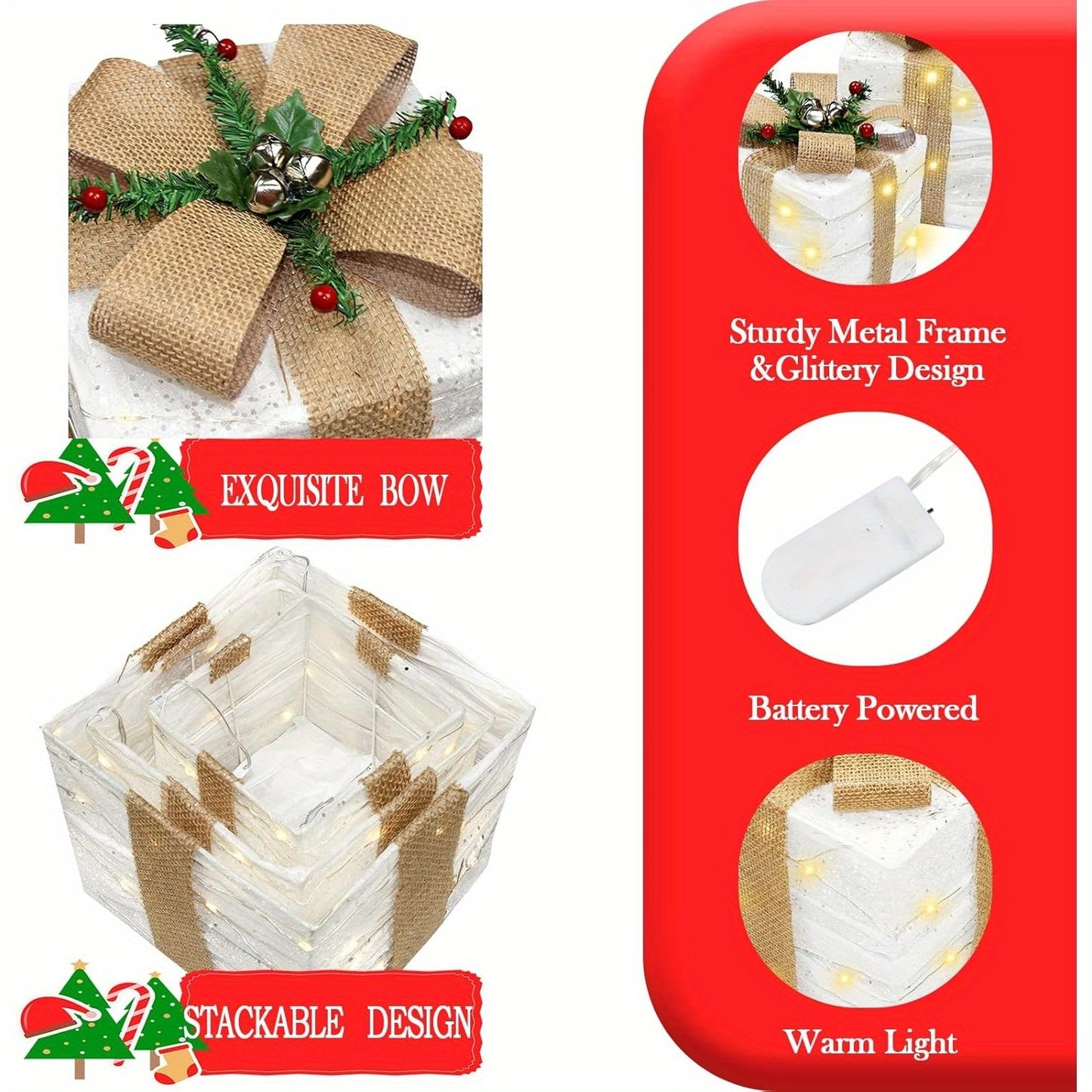 3 Pcs Christmas Lighted Gift Boxes, Lighted Boxes with 70 LED Warm Lights, Prelit Present Decorations Clear Xmas Tree Ornaments, Outdoor Indoor Holiday Party Home Wedding Yard Décor (White)