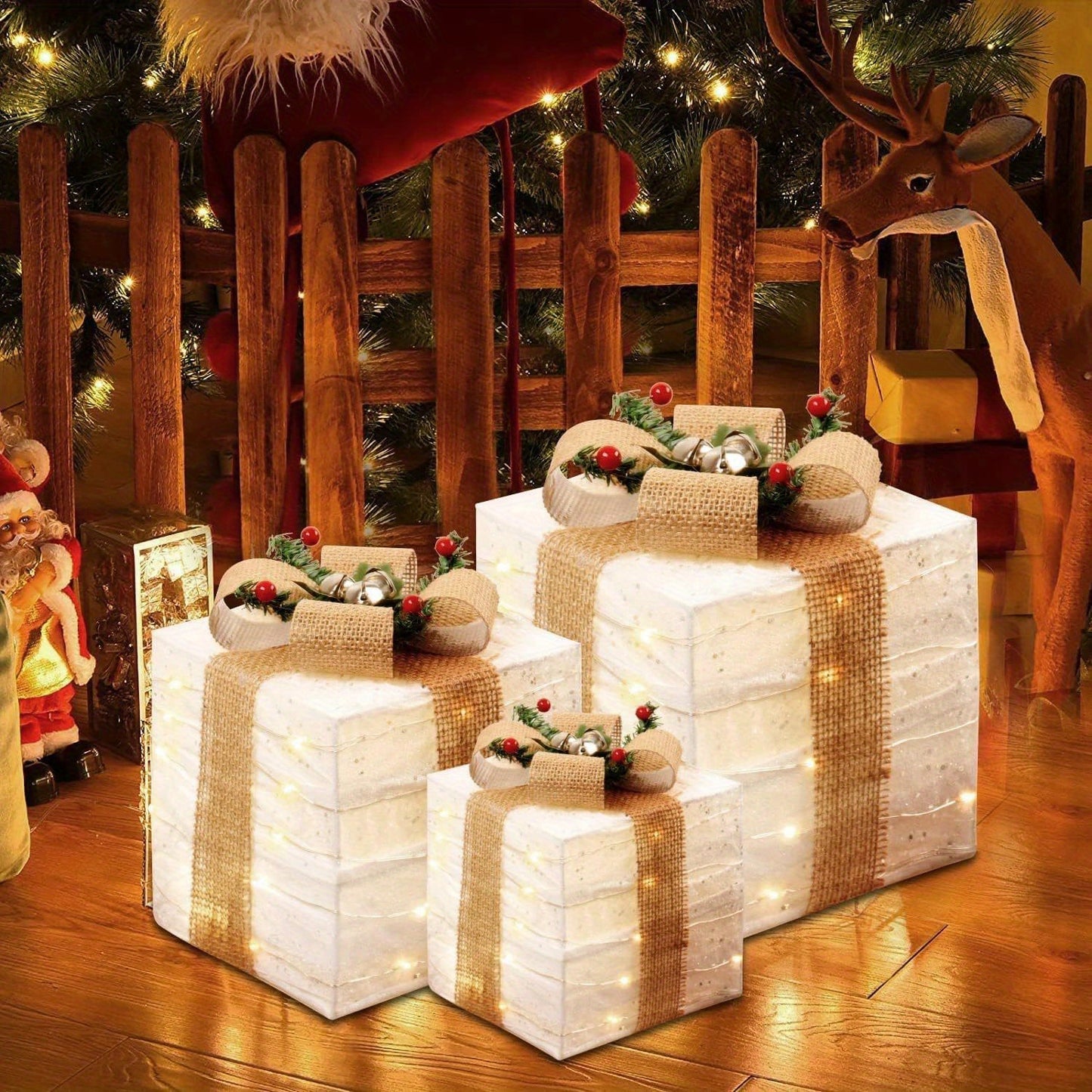 3 Pcs Christmas Lighted Gift Boxes, Lighted Boxes with 70 LED Warm Lights, Prelit Present Decorations Clear Xmas Tree Ornaments, Outdoor Indoor Holiday Party Home Wedding Yard Décor (White)