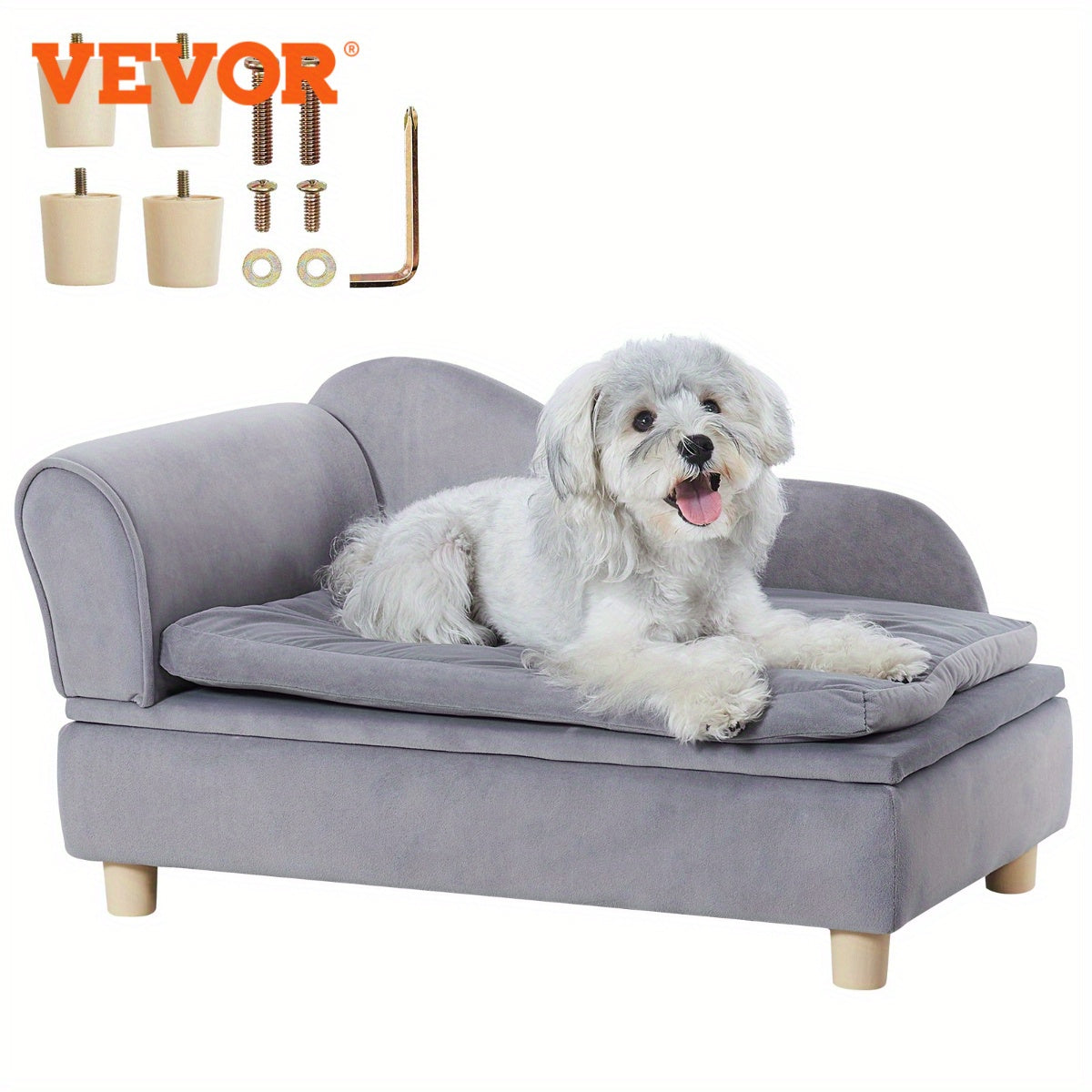 VEVOR Pet Sofa, Dog Couch for Medium-Sized Dogs and Cats, Soft Velvety Dog Sofa Bed, 81 lbs Loading Cat Sofa, Grey