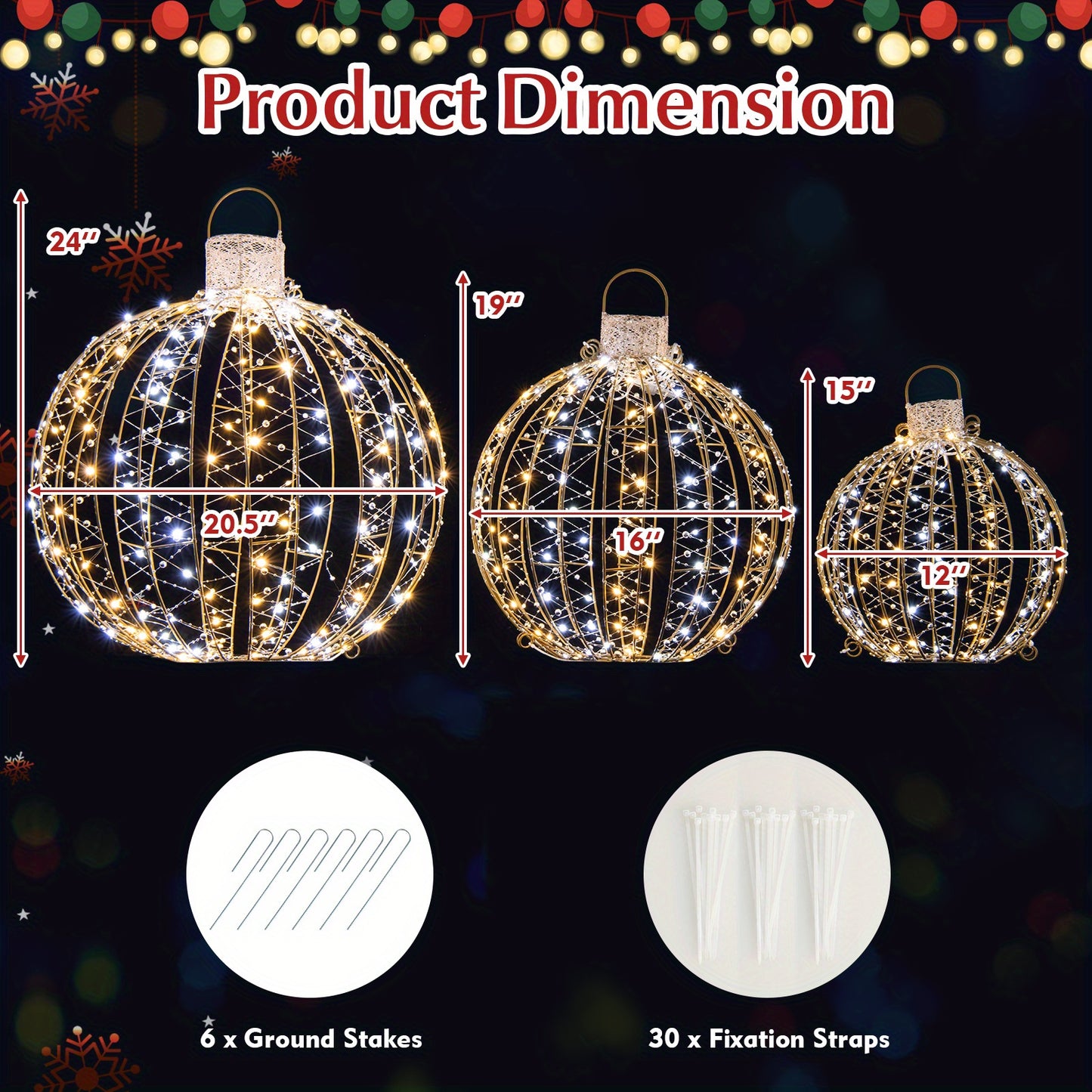 PETSITE 3 Pack Christmas LED Light Balls, Outdoor Hanging Light Spheres w/180 Warm Light & 180 White Light, 30 Cable Ties & 6 Stakes, Iron Frame Globe Lights in 3 Sizes for Tree, Lawn, Garden & Indoor, Gold