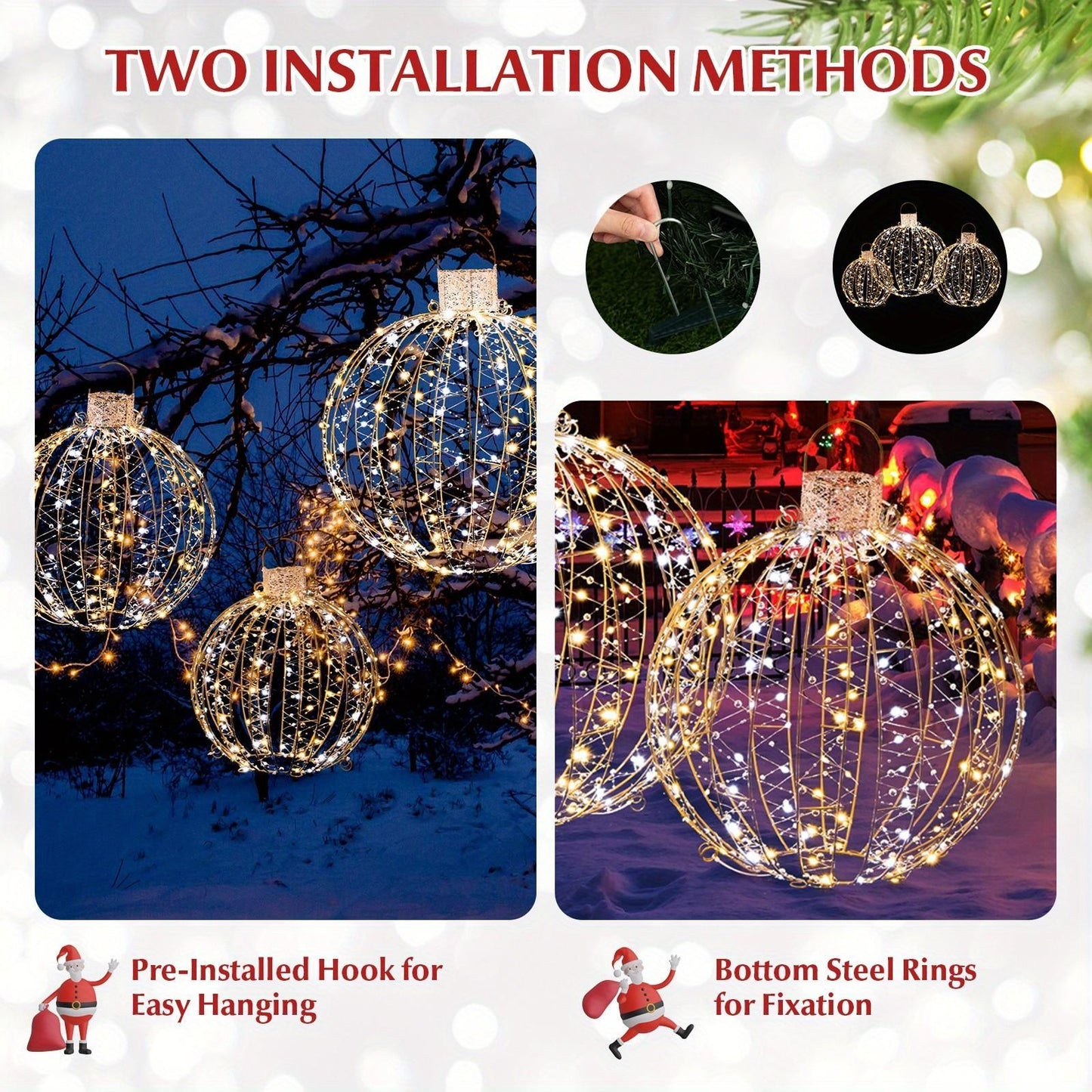 PETSITE 3 Pack Christmas LED Light Balls, Outdoor Hanging Light Spheres w/180 Warm Light & 180 White Light, 30 Cable Ties & 6 Stakes, Iron Frame Globe Lights in 3 Sizes for Tree, Lawn, Garden & Indoor, Gold